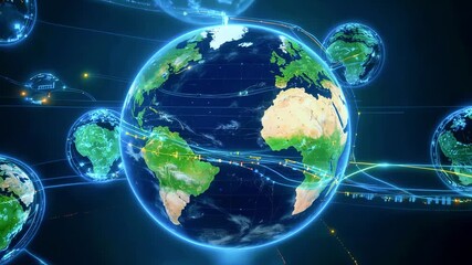 Animated depiction of interconnected globes, with network lines, highlighting data and global connections - Powered by Adobe