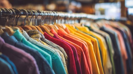 Stunning photo of colorful tshirts hanging on a rack in a clothing store.