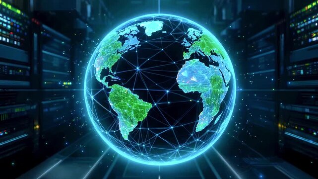 A digital globe with connected lines glows in data center setting - Powered by Adobe