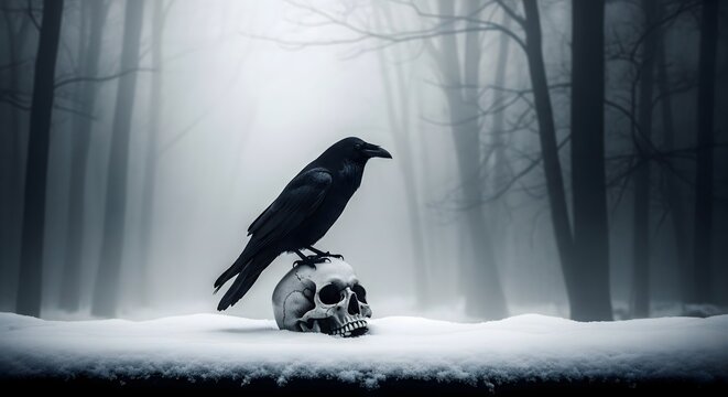 Dark raven perched on human skull in snowy forest, mysterious gothic scene symbolizing death, mystery, and darkness, eerie atmosphere with fog and shadows in fantasy horror background