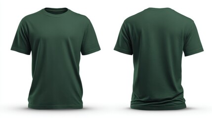 Stunning photo of front and back view of a plain dark green tshirt isolated on white background.