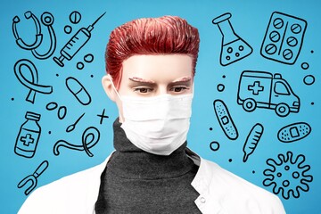 A medical professional wearing a mask, surrounded by healthcare icons, illustrates the concept of modern medicine and healthcare on a blue background.