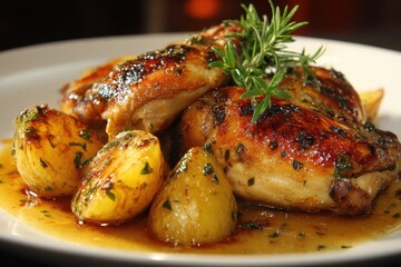 Roasted chicken served with seasoned potatoes on a white plate. Perfect image for food blogs, restaurant menus, and dinner recipes.