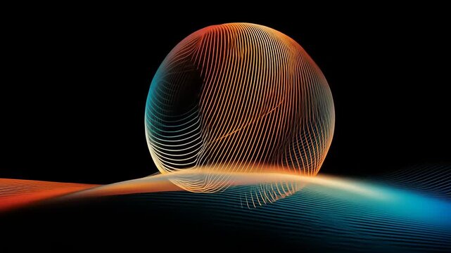 A sphere with intricate linear patterns rests on a dynamic, undulating surface against a black background.