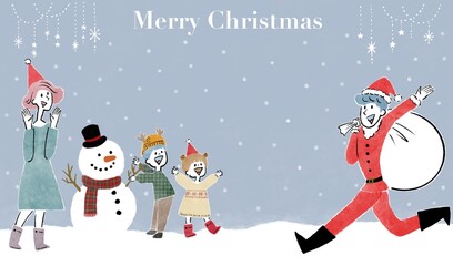 クリスマスの衣装を着た4人家族と雪の降るクリスマスの風景のクリスマスカードテンプレート