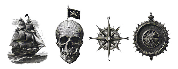 Artistic Collection of Nautical Elements Featuring Ship, Skull, Compass, and Flag