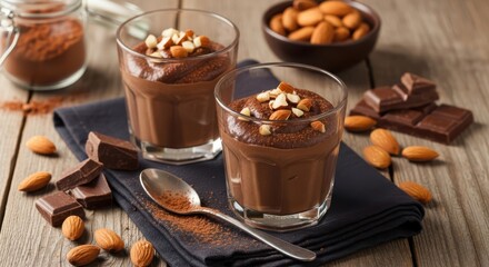 Two glasses of rich chocolate mousse dessert topped with chopped nuts, served on a dark cloth with chocolate pieces
