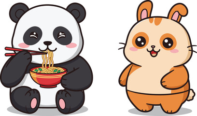 Cute panda eating noodles and adorable bunny cartoon character, kawaii animal vector illustration, funny food lover mascot art design