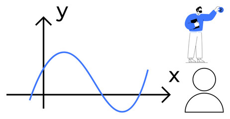 Graph with x-y axes and blue curve, human silhouette symbolizing data impact, man holding globe suggesting global analysis. Ideal for education, analytics, research, strategy, teamwork