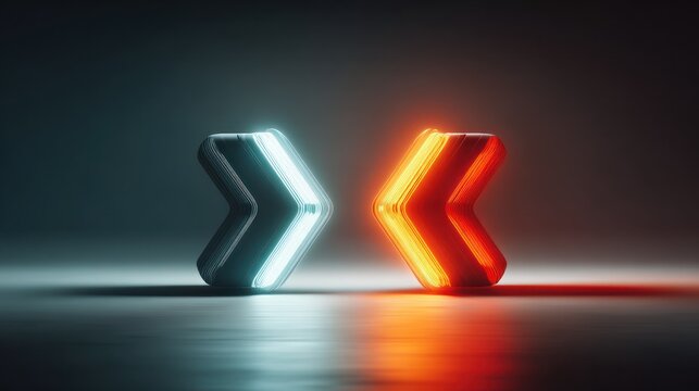 Abstract rendering of two glowing neon arrows in opposite directions on a dark background