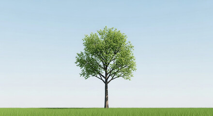 Obraz premium A single tree stands tall in a field of green grass under a clear blue sky, isolated on white background, symbolizing growth, nature, and the beauty of simplicity