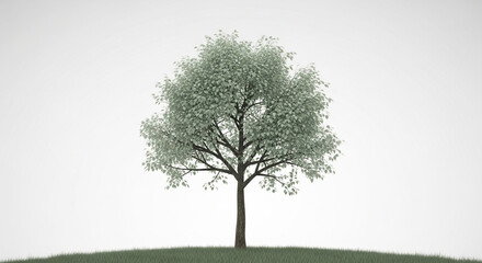Fototapeta premium A solitary tree with lush green leaves stands gracefully on a grassy hill, isolated on white background, its branches reaching towards the sky in a serene scene