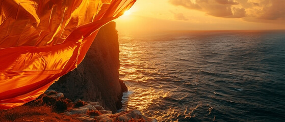 Golden sunset glow over the ocean cliff with flowing orange fabric detail