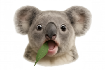Koala head reacting with open mouth while eating eucalyptus leaf, cute australian marsupial animal on transparent background