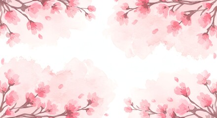 Fototapeta premium Watercolor Cherry Blossom Branches frame a soft, romantic floral design with gentle pink hues.