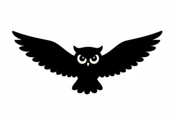 Cartoon owl illustration with outstretched wings, featuring a black body, white eyes, and a transparent background