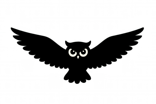 Cartoon owl illustration with outstretched wings, featuring a black body, white eyes, and a transparent background
