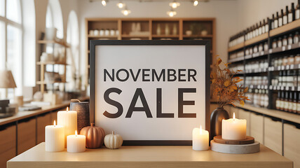 November sale event promotion for home decor and candles in store with autumn aesthetic display setup