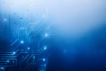 Blue tech background with glowing circuit lines on frosted glass