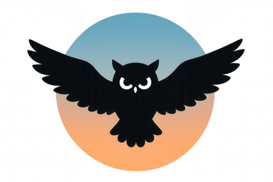 Flying owl silhouette vector graphic with spread wings over gradient sun or moon, nocturnal bird symbol
