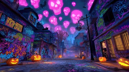 Obraz premium Neon-lit Halloween street with glowing jack-o'-lanterns, graffiti-covered walls, and floating skulls.