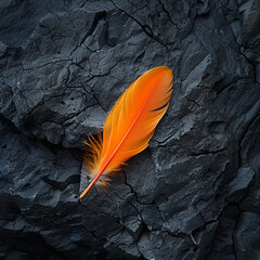 Vibrant orange feather resting on cracked dark rock, juxtaposing textures and colors