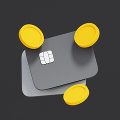 3D icon of a credit card with floating coins For representing electronic money, digital payments, and personal finance management.