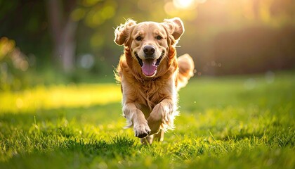 Golden Retriever Running on Green Grass in Backlit Sunlight Canine Agility Training Playful Puppy Motion Blur Outdoors Sunny Day Pet Happiness
