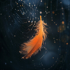 Ephemeral beauty: delicate feather suspended in dew-kissed web of intricate artistry