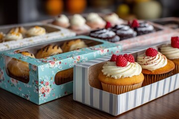Assorted cupcakes in decorative boxes sit on a dark wooden surface. Use this for bakery ads, party invitations, or food blog posts.