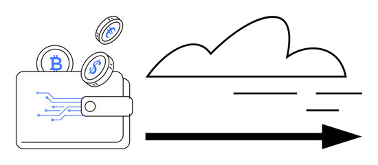 Digital wallet releasing cryptocurrency coins, cloud icon, and arrow suggesting movement. Ideal for finance, digital banking, cryptocurrency, technology, investment, online payments simple flat