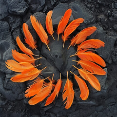 Vibrant orange feathers arranged in a radial pattern on dark volcanic rock