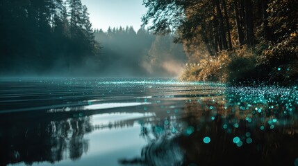 Mist rises over a lake reflecting the trees in the early morning light. Use this image for peaceful nature, mystical, or travel destination themes.