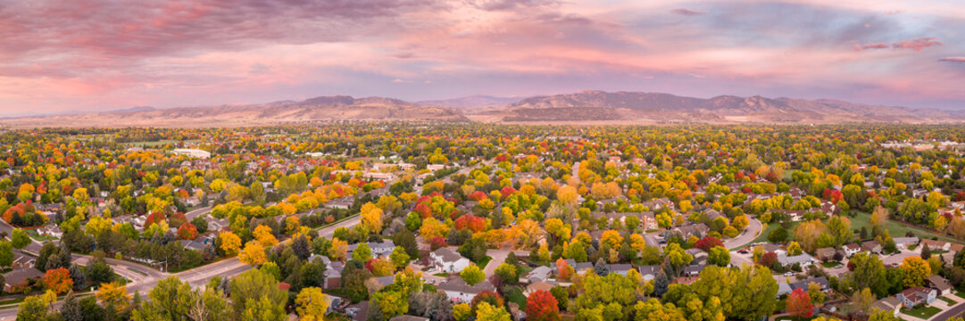 Fort Collins and foothills of Rocky Mountains with Horsetooth Rock in northern Colorado, early fall dawn scenery