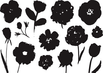 Black and white floral silhouettes artistic brush strokes vector