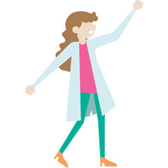 Joyful Woman In Lab Coat Cheering With Raised Arms And Legs In A Pink Shirt And Teal Pants On Transparent Background