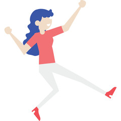 Joyful Woman Celebrating Success With Arms Raised and Legs Extended in a Dynamic Pose on a White Background