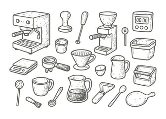Barista Equipment Doodle Vector Set Hand-Drawn Coffee Tools Black and White Sketch Illustration