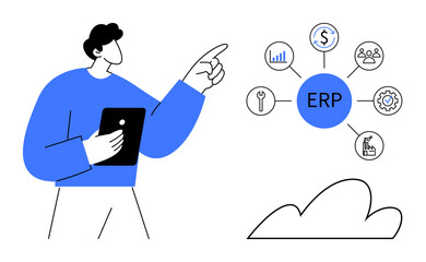 Man holding tablet pointing at ERP system surrounded by process icons including analytics, finance, tools, users, and production. Ideal for business, management, technology, planning process