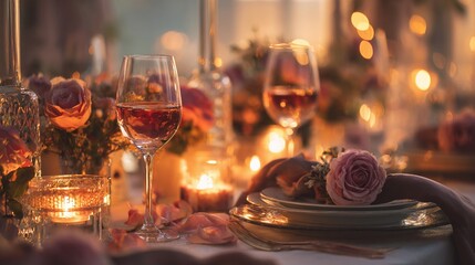 Obraz premium Romantic Candlelight Dinner with Wine and Roses