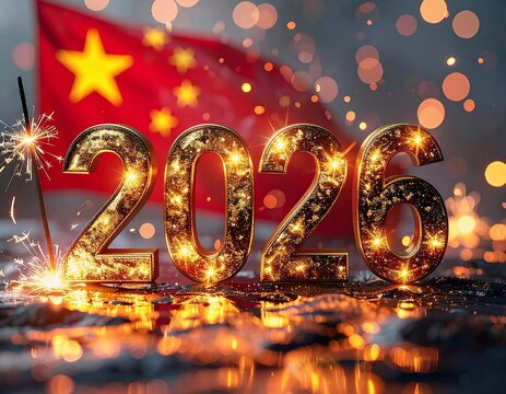 Golden 2026 shines brightly, celebrating the new year against a blurred national flag with bokeh lights and festive sparklers.