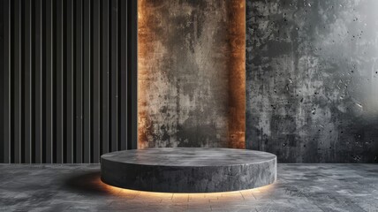 A modern industrial-style podium with textured concrete and warm lighting, set against a backdrop of corrugated metal and distressed concrete walls.
