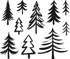 Black silhouette evergreen trees hand drawn style christmas trees pine trees