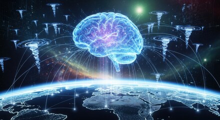 Futuristic digital brain emerges above earth symbolizing global artificial intelligence and technological advancement