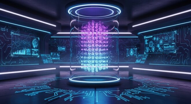 Futuristic neon cyberpunk room with a glowing portal and digital displays