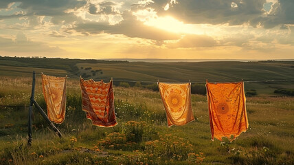 Rustic tranquility: Textiles drying under a radiant sunset in a grassy meadow