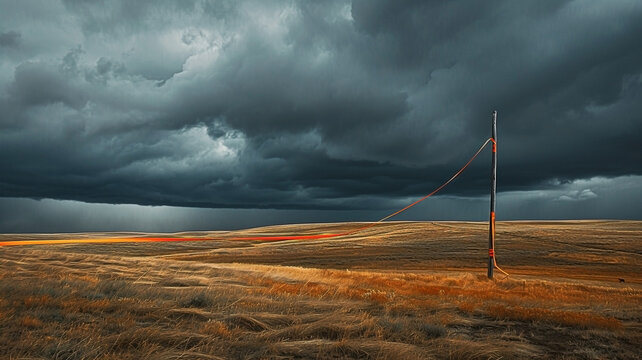 Impending storm over parched landscape with lone pole standing starkly against sky