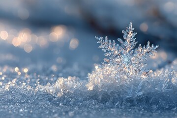Macro shot shows a single snowflake with intricate details and bokeh background. Great for winter holiday, christmas theme, science or nature projects.