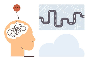Human head with chaotic lines in brain and question marks, connected to a winding roadmap and cloud. Ideal for mental health, decision-making, problem-solving, focus, strategy, planning, mindfulness