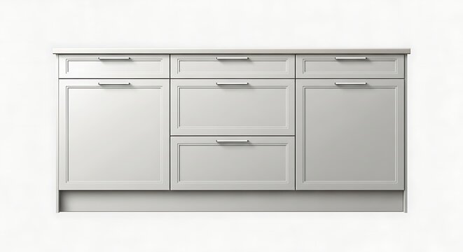 Front view of a white kitchen cabinet with drawers and doors against a white background.